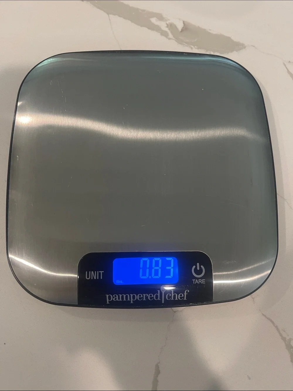 Pampered Chef Stainless Steel Digital Kitchen Scale with Blue LCD